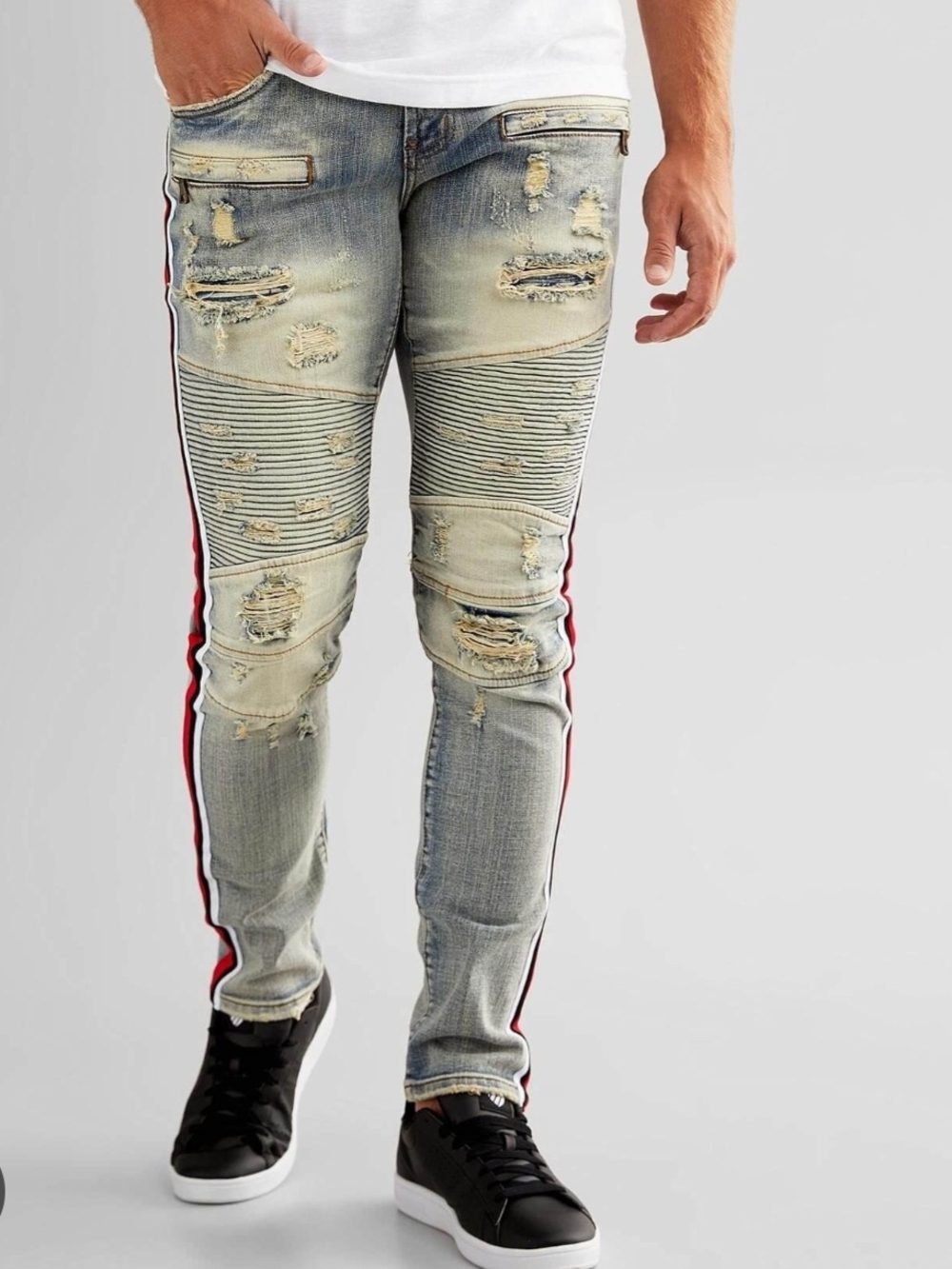 Rue21 Men's Light Blue Distressed Skinny Jeans with Red Side Stripe